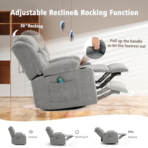 Swivel Recliner Chair for Adults with Massage and Heat, Fabric, Lime Gray B7507
