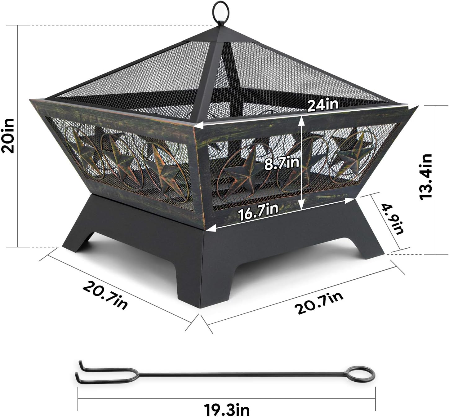 Outdoor Wood Burning Fire Pit 24in with Spark Screen and Poker N64003