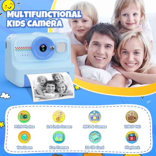 Kids Instant Print Camera 1080P HD with 3 Rolls Paper & 32GB Card V473