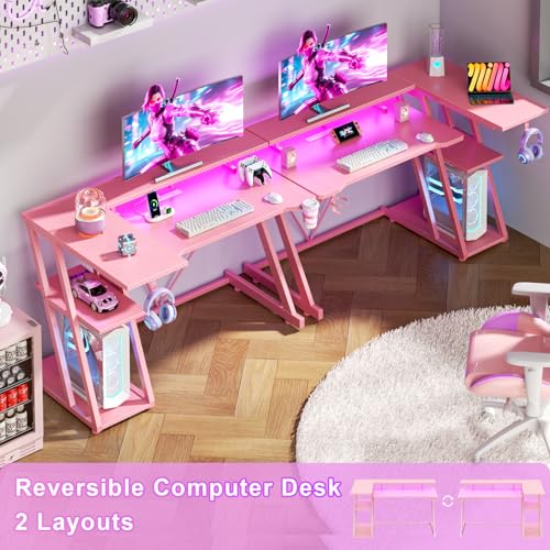 L Shaped Gaming Desk with Power Outlet and LED Lights T64283