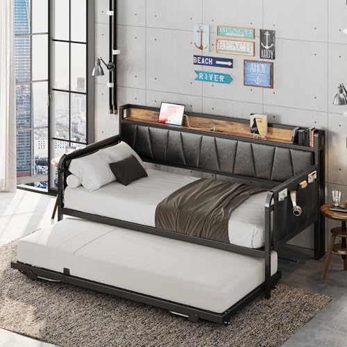 Daybed with Trundle and Storage Headboard, Twin Size, Grey M473750