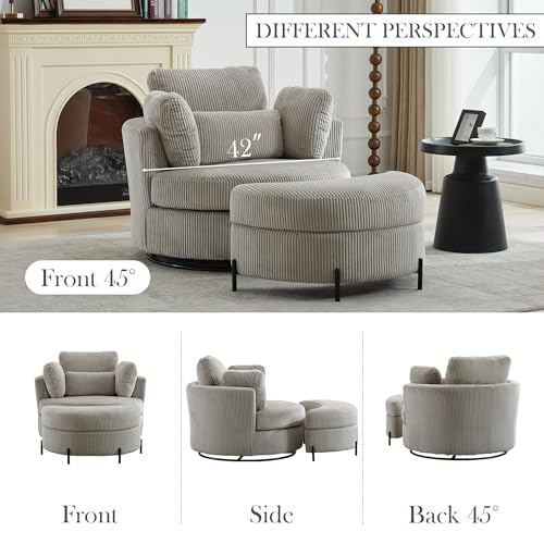 Oversized Swivel Barrel Chair with Ottoman, Chenille, Beige X252712