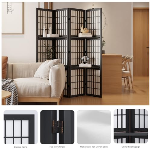 Japanese Shoji Folding Room Divider, 4 Panels, Black T762554