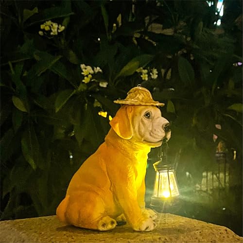 Dog Statue Outdoor Garden Decor with Straw Hat and Solar Lantern W89007