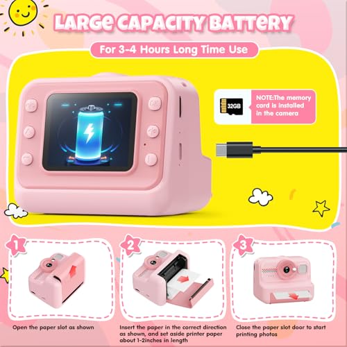Kids Instant Print Camera 1080P HD with 3 Rolls Paper & 32GB Card V473