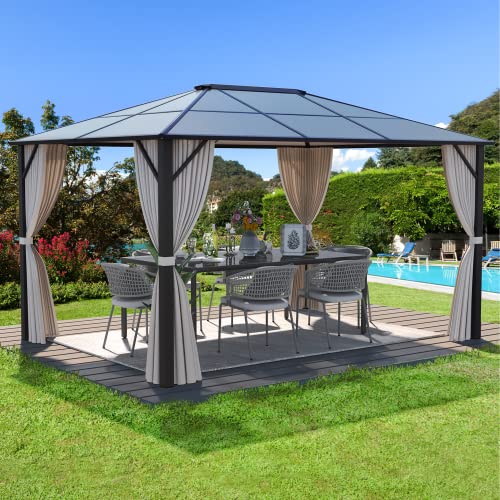 10'x13' Hardtop Gazebo with Polycarbonate Double Roof, Aluminum Frame, Curtains and Netting N263