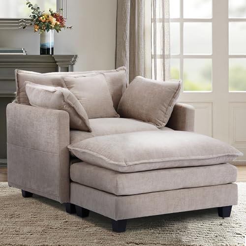 Chenille Lounge Chair with Ottoman, Beige W1064