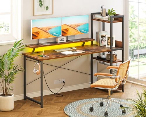 Reversible Gaming Desk with USB Charging Port and LED Lights, 40 Inch Computer Desk with Storage Shelves C134