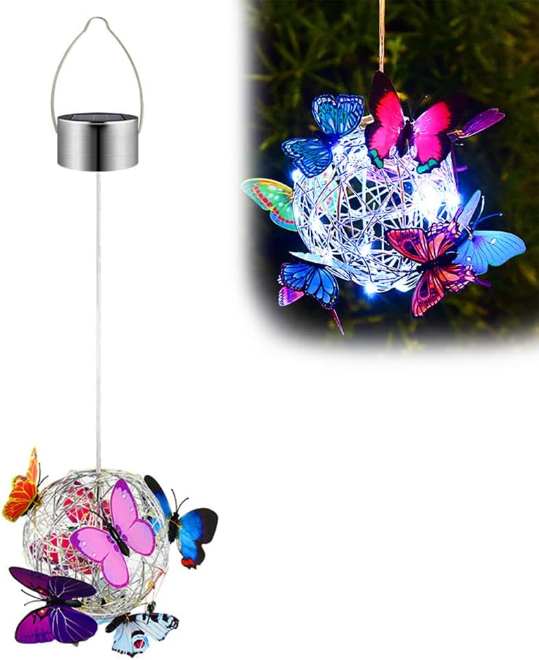 Solar Lighted Hanging Mesh Orb with LED Colorful Butterfly Roaming Light Solar Garden Patio Hanging Ball Home Outdoor Yard Ornament