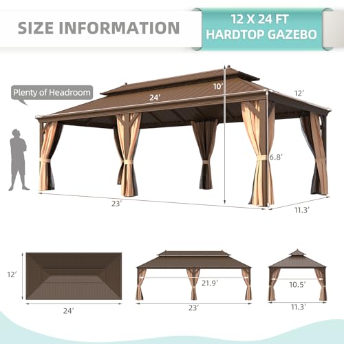 12x16 ft Hardtop Gazebo with Galvanized Steel Roof, Curtains and Netting V821