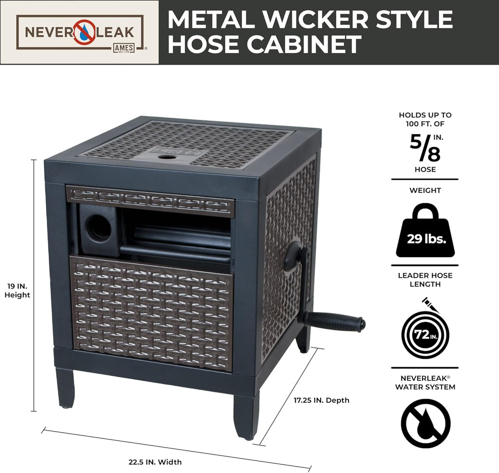 Hose Reel Cabinet Box, 100 Ft Capacity, Wicker Look, Auto Track Rewinding, Black Metal N2738