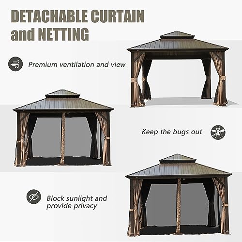 10 x 10 ft Hardtop Gazebo with Netting and Curtains, Galvanized Steel Roof for Patio and Garden X50618