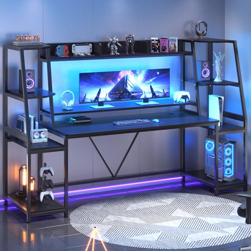 Gaming Desk with LED Lights, Hutch and Storage Shelves, Black R364