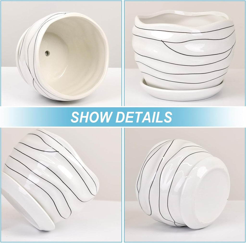 Ceramic Planter Set, 3 Sizes, Indoor Outdoor with Drainage Hole and Saucer T419377