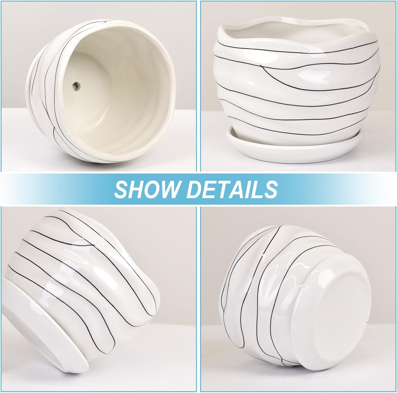 Ceramic Planter Set, 3 Sizes, Indoor Outdoor with Drainage Hole and Saucer T419377