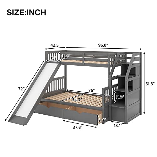 Twin Over Full Bunk Bed with Slide and Stairs for Kids E212