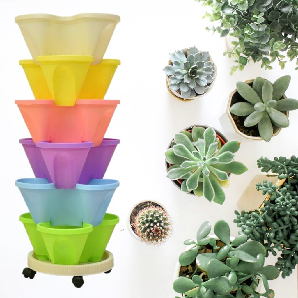 Vertical Garden with Wheels and Plant Labels, Stackable Planter 3 Pots, Indoor/Outdoor H9472
