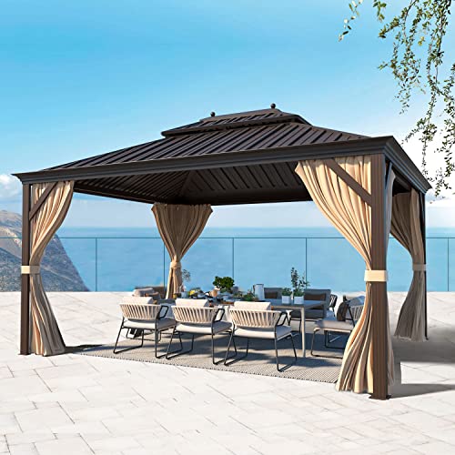 12x16 ft Hardtop Gazebo with Galvanized Steel Roof, Curtains and Netting V821