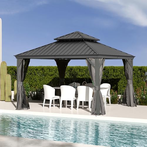 10 x 10 ft Hardtop Gazebo with Netting and Curtains, Galvanized Steel Roof for Patio and Garden X50618
