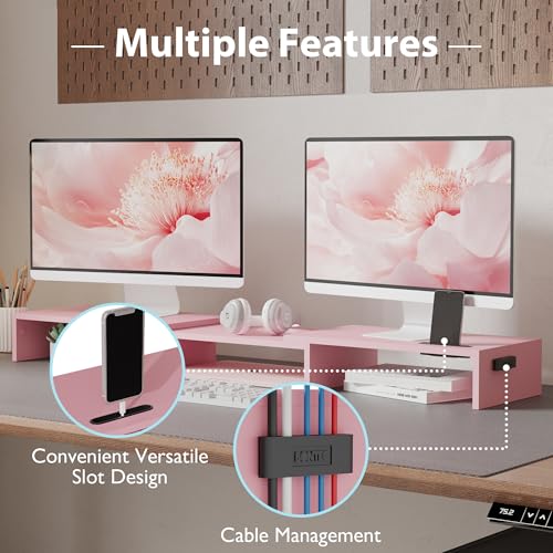 Dual Monitor Stand Riser with Smartphone Holder, Adjustable Wooden Desktop Organizer P70793