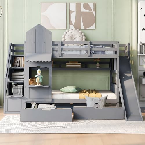 Twin Over Twin Bunk Bed with Stairs and Slide, Solid Wood Frame with Storage Y2445