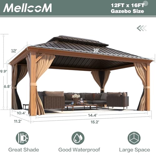 12x16 ft Hardtop Gazebo with Galvanized Steel Roof, Curtains and Netting V821