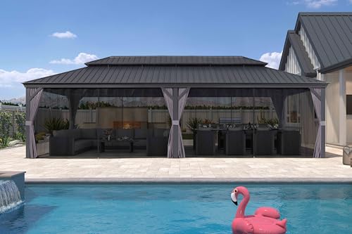 10' x 14' Permanent Hardtop Gazebo with Galvanized Steel Double Roof, Curtains and Netting Included M96664