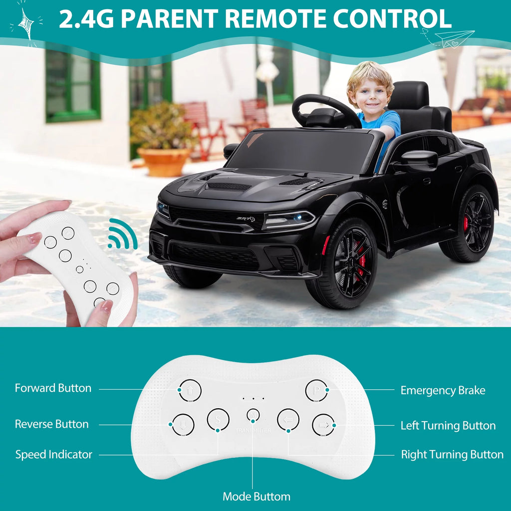 12V Black Dodge Charger Ride On Car with Remote Control, Kids Electric Toy with Bluetooth, LED Light, 4 Wheel Suspension B4884