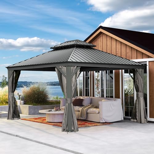 10 x 10 ft Hardtop Gazebo with Netting and Curtains, Galvanized Steel Roof for Patio and Garden X50618