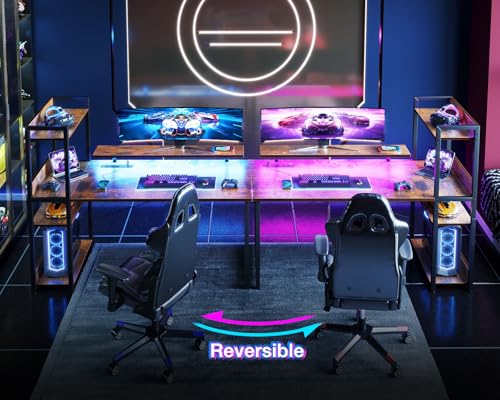 Reversible Gaming Desk with USB Charging Port and LED Lights, 40 Inch Computer Desk with Storage Shelves C134