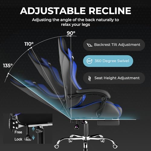 Gaming Chair with Footrest and Lumbar Support, Height Adjustable, 360° Swivel, Blue U7447