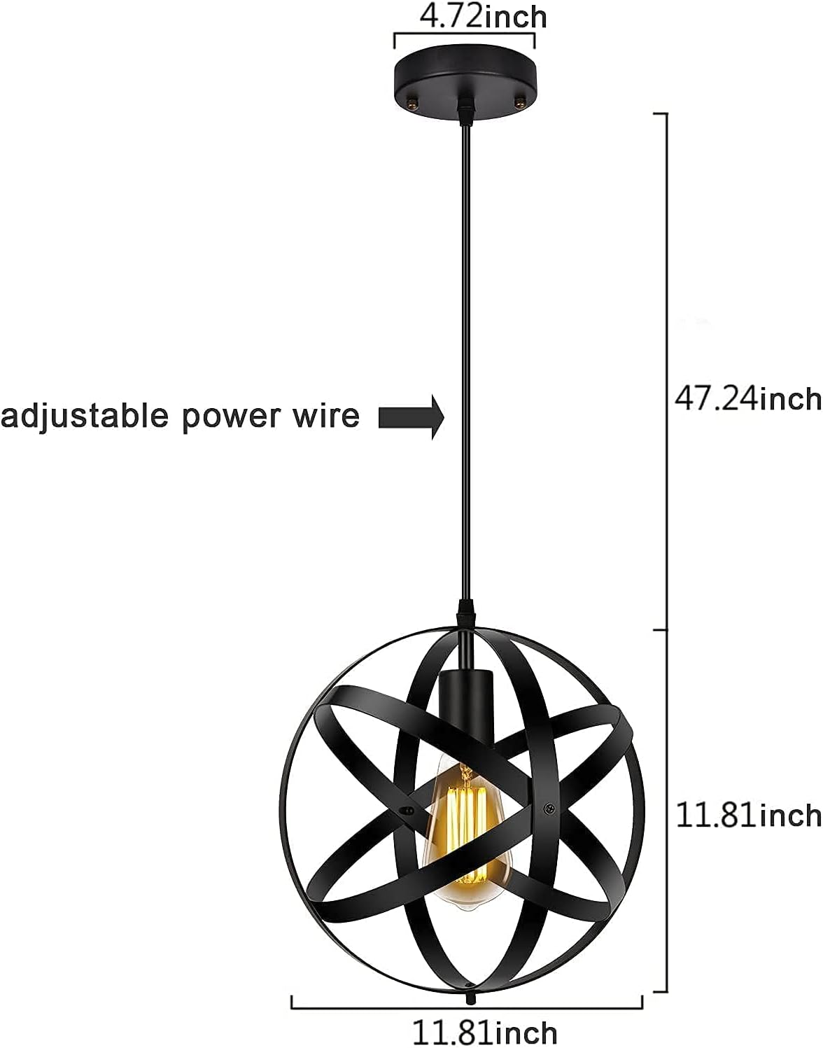 Black Pendant Light, Vintage Spherical Metal Globe Hanging Lamp for Kitchen Island V831