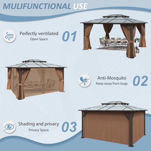 12'x14' Hardtop Gazebo with Curtains and Netting for Patio, Garden, Lawns E949
