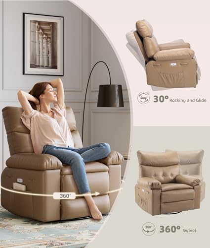 Electric Swivel Massage Chair, Power Rocking Recliner with Vibration and Heating, PU Leather Single Sofa with USB Port and Storage L680