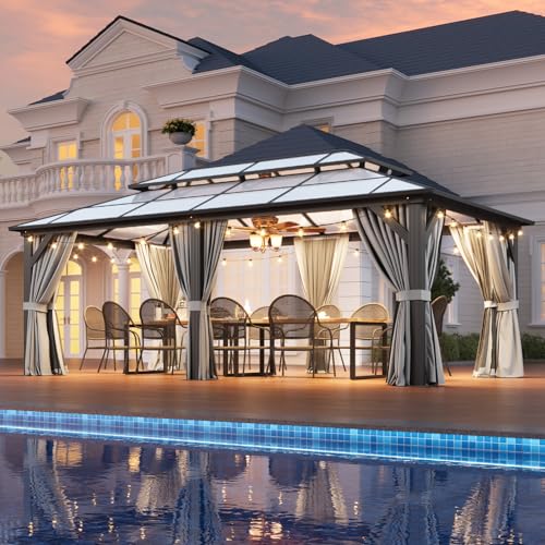 12x16 Hardtop Gazebo with Netting and Curtains, Aluminum Frame, Polycarbonate Roof N71921
