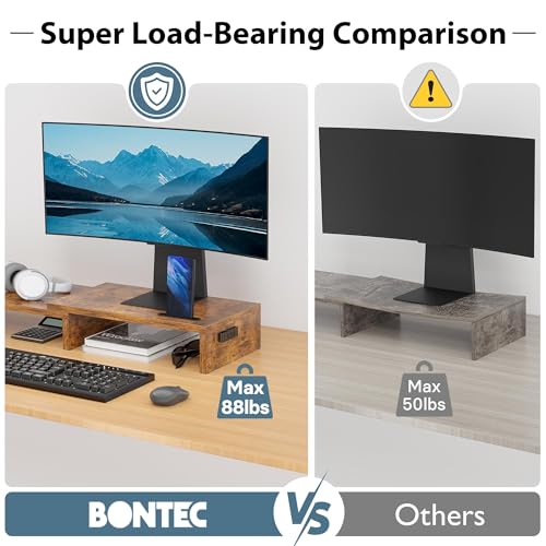 Dual Monitor Stand Riser with Smartphone Holder, Adjustable Wooden Desktop Organizer P70793