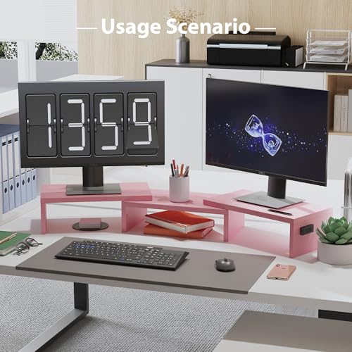 Dual Monitor Stand Riser with Smartphone Holder, Adjustable Wooden Desktop Organizer P70793