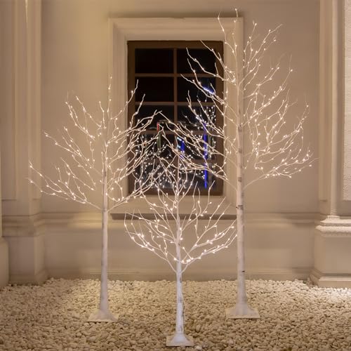 Lighted Birch Tree Set 4ft, 6ft and 8ft with Warm White LED Lights for Holiday Decor Z480