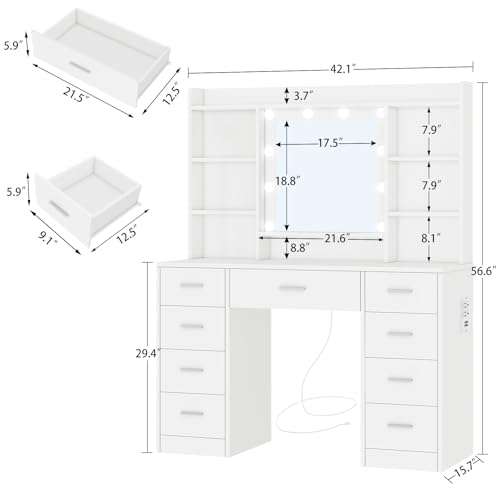 Vanity Desk with Mirror and Lights, 9 Drawers, 6 Open Shelves, Adjustable Brightness, White W8407
