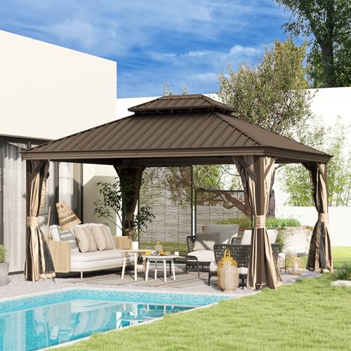 10 x 10 ft Hardtop Gazebo with Netting and Curtains, Galvanized Steel Roof for Patio and Garden X50618