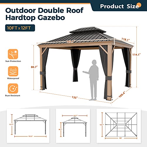 10 x 12 ft Hardtop Gazebo with Netting and Curtains, Double Roof Metal Canopy for Patio I7305