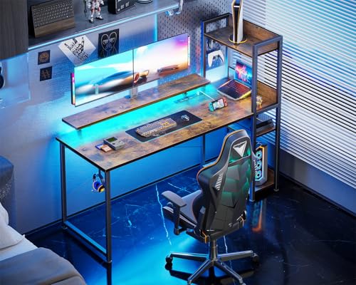 Reversible Gaming Desk with USB Charging Port and LED Lights, 40 Inch Computer Desk with Storage Shelves C134