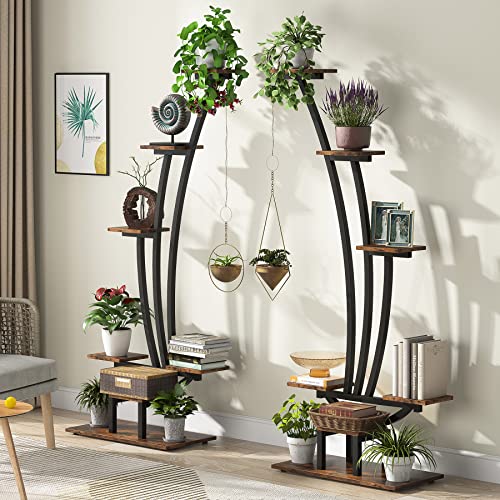 6-Tier Tall Plant Stand, Metal Curved Display Shelf with Hanging Hooks Q77495