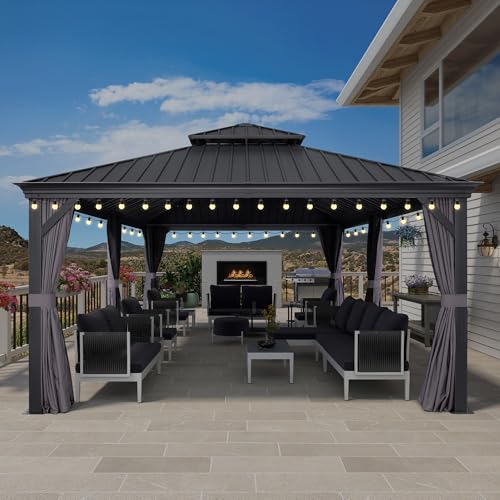 10' x 14' Permanent Hardtop Gazebo with Galvanized Steel Double Roof, Curtains and Netting Included M96664
