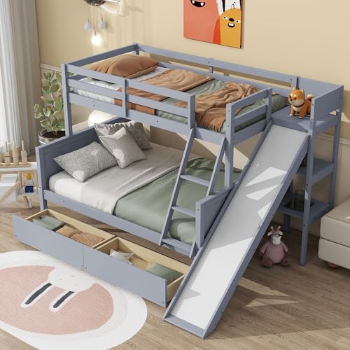 Twin Over Full Bunk Bed with Slide and Storage Stairs C57577