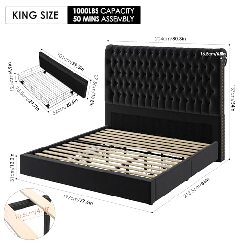 Velvet Upholstered King Bed Frame with Tall Headboard and Storage Drawers L58367