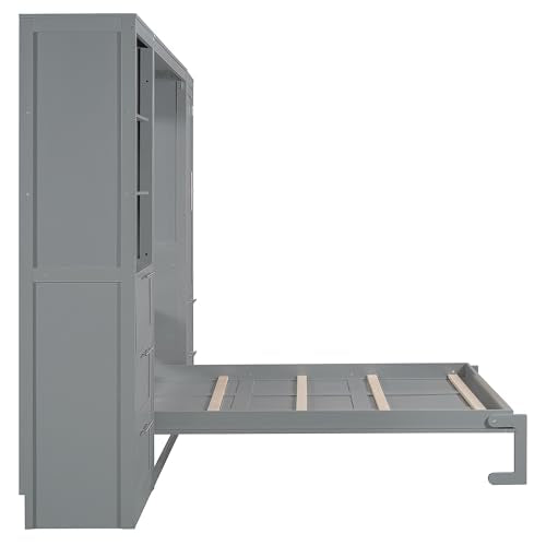 Murphy Bed Queen Size with Built-in Shelves, Storage Drawers and Wardrobe, Grey R789846