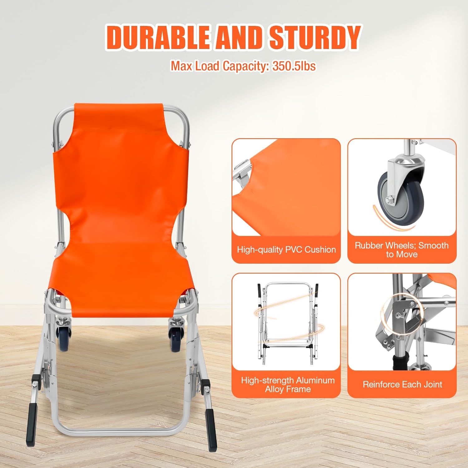 Stair Chair 2-Wheel Orange Foldable Transport Wheelchair, 350 lbs Capacity R661