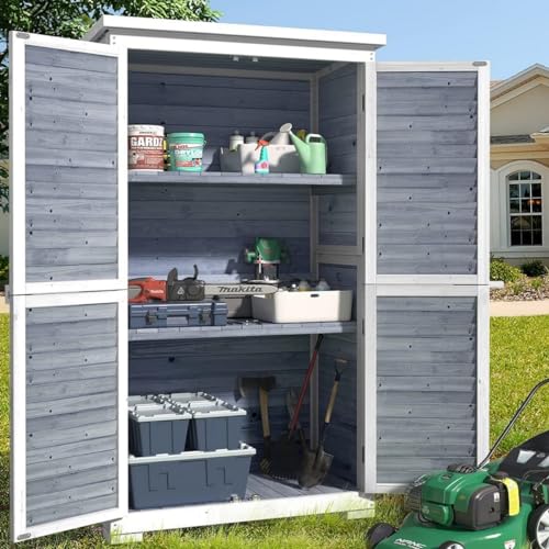 Gizoon Outdoor Storage Cabinet with 3 Shelves, Double Lockable Wooden Garden Shed with Waterproof Roof, Outside Vertical Tall Tool Shed for Yard Patio Lawn Deck-Natural