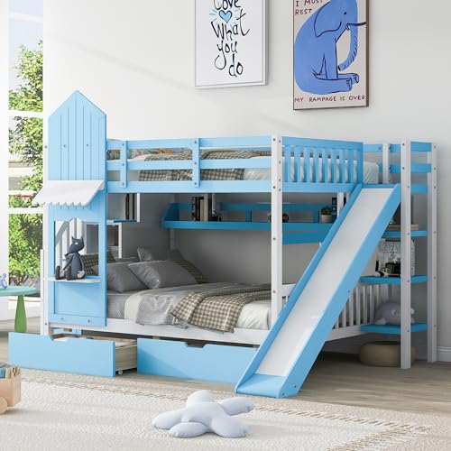 Kids Bunk Bed with Stairs and Slide, Twin Over Twin, Gray E77813